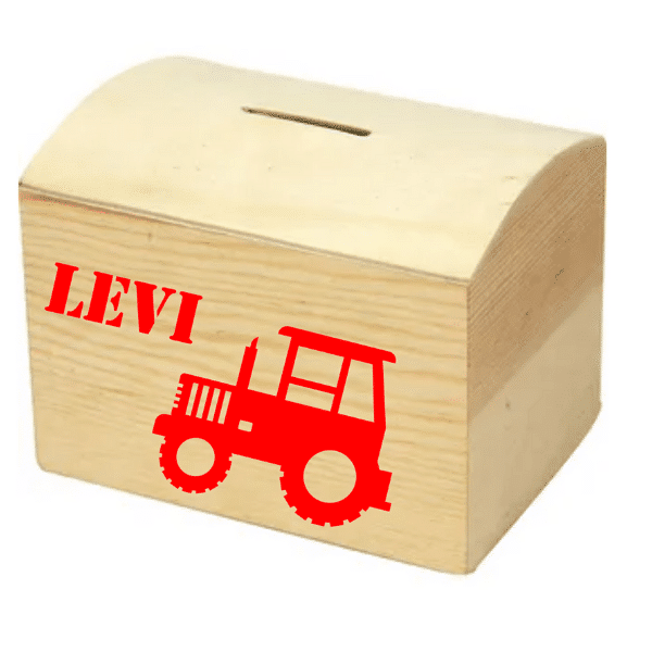 Houten spaarpot Tractor met naam